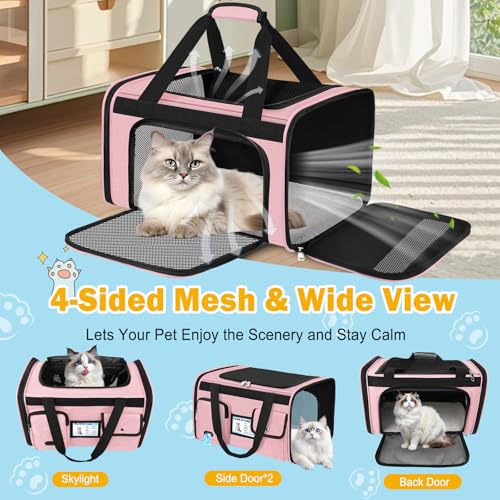 HUANLANG Large Cat Carrier Soft Sided Travel Pet Carrier Airline Approved | Dog Carriers for Small Dogs Medium Cats,Collapsible,3 Storage,zipper lock,Reflective strips,Luggage Strap, Up to 15 L,Pinkbs - color: Pink
