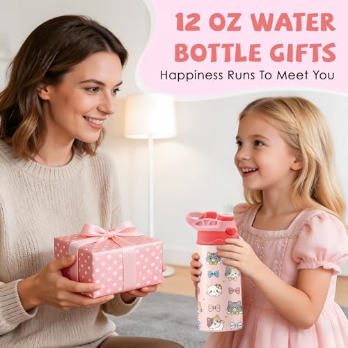 Cat & Bowknot 12 oz Water Bottle with Straw – Kids Stainless Steel Vacuum Insulated Cup, Leakproof Pop-Up Spout, Reusable Travel Mug for Girls Outdoor Sports - color: Cat1