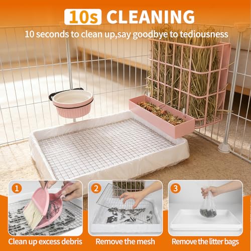 BESNEW 3 in 1 Rabbit Hay Feeder with Litter Box,Upgraded Metal Hay Rack & Litter Tray & Water Bowl,Quick Cleaning,Easy to Install,Bunny Supplies for Rabbit Guinea Pig Chinchilla Small Animals - color: Pink, size: 10in set