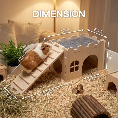 Ramp for Guinea Pig Cage, Wooden Bridge and Climbing Board | Slatted small-animal ramp with removable fabric grip for climbing or connecting compatible hideout houses - size: Small