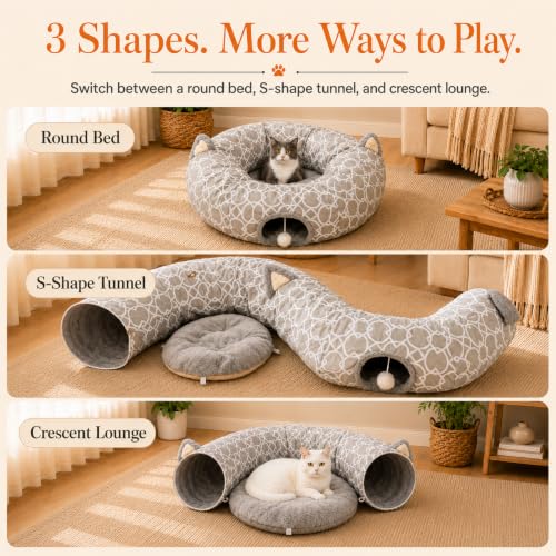 Geometric Cat Tunnel Bed Under Christmas Tree Oxford Outside with Plush Inside,Cats Toys Collapsible Tunnel Tube with Balls, for Rabbits, Kittens, Ferrets,Puppy 3FT - size: Big Tunnel Bed