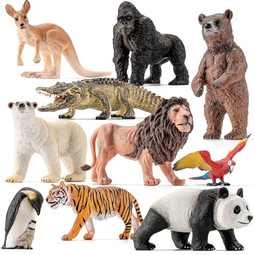 Large Safari Animals Figures Toys Wild Zoo Animal Figurines | Realistic Jungle Zoo Animal Set for Kids, with Kangaroo, Gorilla, Grizzly bear, Crocodile, Polar Bear, Penguin, Tiger, Panda - style: 10PCS Zoo Animal