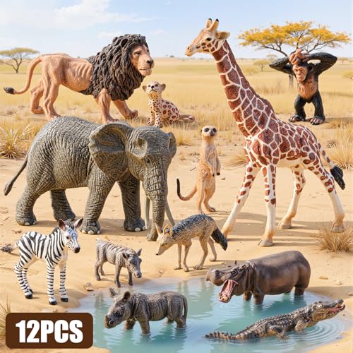 12 PCS African Safari Animals Figure Toys Wild Animal Figurines | Realistic African Wild Animal Figures, Educational Zoo Animal Toys, Party Favors & Classroom Props, Cake Toppers - style: 12 PCS African Animals