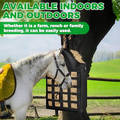 Loyala Hay Bag Goat Hay Feeder Slow Feed Hay Bags 600D Oxford Cloth Hay Bags for Horses Goats Sheep Donkeys Cows (Black Grid