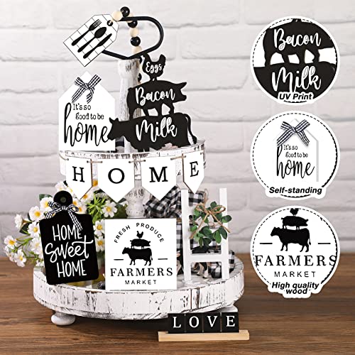 FairySandy Set of 11 Home Tiered Tray Decor Spring Welcome Rustic Farmhouse Tiered Tray Decorations Set Home Wooden Signs Vintage Farm Animal Farmhouse Tabletop Wood Sign for Kitchen Table Shelf Decor - style: Rustic