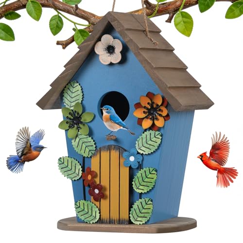 Wooden Bird Houses for Outside,Farmhouse Hanging Blue Birdhouse | Decorative Birdhouses for Outdoors,Bird Box Nest,Humming Bird House for Garden Patio Decor - color: Blue