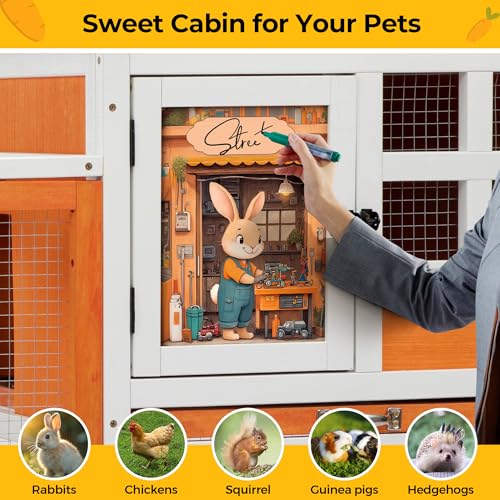 48" L Rabbit Hutch Outdoor Indoor, Expandable 2-Story Large Wooden Bunny Cage with Run, Removale Tray, Top-Opening Waterproof Roof, 2 Doors, DIY Drawing Board, Orange + Colorful Pattern