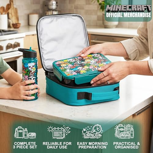 Get Trend Minecraft Kids Insulated Lunch Bag 3Pc Set with Bento Box and 20 fl oz BPA-Free Straw Water Bottle, Lightweight Kids Lunch Box, Gamer Gifts for Boys (Multi Minecraft) - color: Multi Minecraft