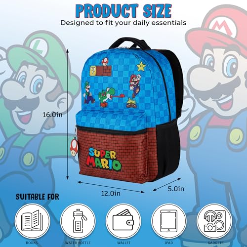 AI ACCESSORY INNOVATIONS Super Mario Brothers Backpack for Boys & Girls, 16 Inch Gaming Bookbag with Molded Toad Dangle, Blue, Featuring Mario, Luigi, Yoshi & Toad - color: Super Mario Bros