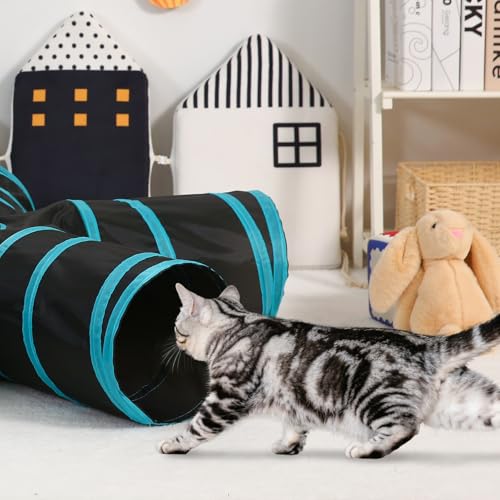 Pet Cat Tunnel, 5 Way Tunnels for Indoor Cats, Collapsible Pet Tunnel for Kitten, Puppy, Rabbit, 25cm-Wide Tunnels, Durable & Breathable, with Peek Hole Toy Ball - color: 5-way & Black/Blue