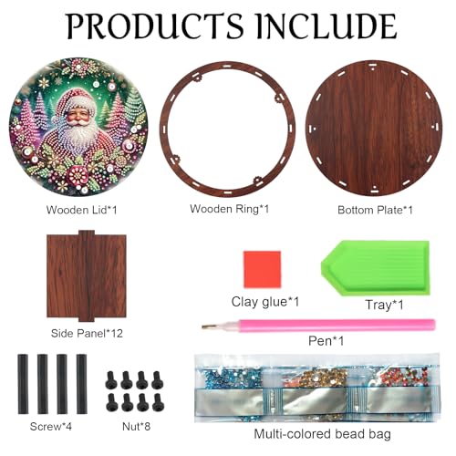 JISHSHAY Christmas Diamond Art Storage Box Santa Claus Diamond Painting Wooden Snack Box Xmas Gem Painting Candy Box Gem Art Organizer Case Mosaic Kits for Adults Storage Containers with Lid - color: Santa Claus