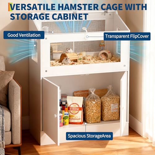 Hamster Cage with Storage Cabinet, Acrylic Flip-Top Small Animal Habitat Furniture, Ventilated Mesh Enclosure with Front Access Door, Space-Saving Modern Pet Cage for Hamsters & Small Pets