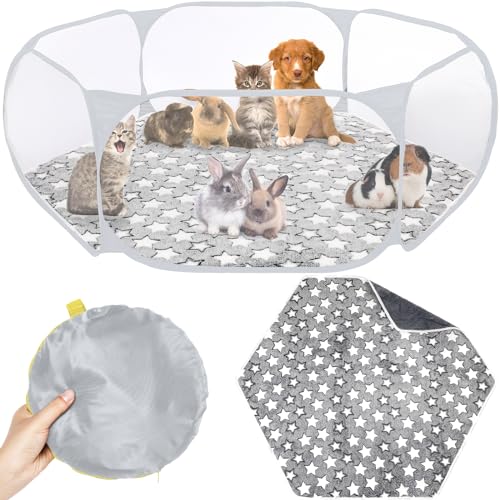 Hamster Playpen with Mat Small Animal Cage Tent Breathable Transparent Guinea Pig Playpen Waterproof Portable Yard Fence Mat Foldable Exercise Playpen Outdoor Indoor (Gray,Star) - color: Gray