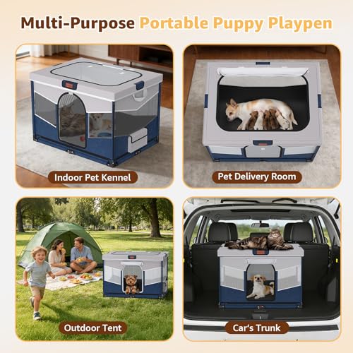 LOOBANI Small Dog Playpen, 32"x24"x22", Foldable & Portable, Blue | Puppy Cat Playpen Indoor, with Sturdy Steel Frame, Travel Dog Crate with Carry Bag, Removable Washable 690D Fabric Cover - color: Blue-Gray