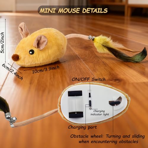 Interactive Mouse Cat Toy, Automatic Moving Fake Rat Mouse Cat Toy, Realistic Rechargeable Dog Mouse Toy with Sound & Feather & Bell, Prank Joke Scary Trick Rats for Cats Dogs - color: Yellow