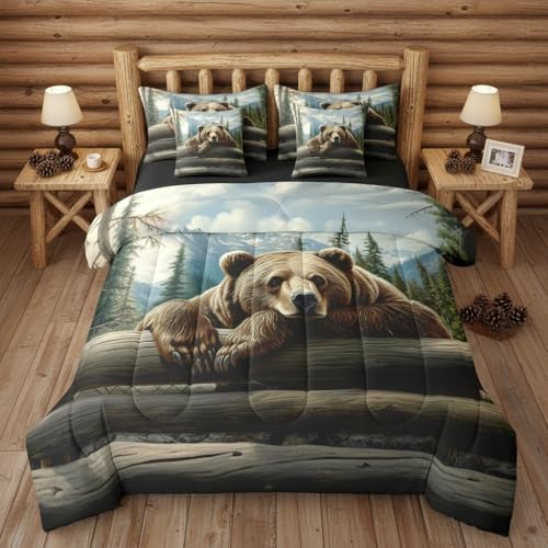 Erosebridal Nature Forest Bear 7 Piece Comforter Set Twin Size Wild Animals Forest Bedding Set for Child Boys Girls | Rustic Cabin Woodland Brown Bear Sheets Mountain Hunting Wildlife Duvet Insert - color: Brown Green Blue, size: Twin
