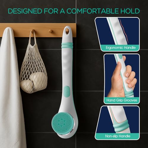 VOYOR Electric Silicone Body Scrubber, Back Brush for Shower Rechargeable | Waterproof Long Handle Body Brush, Power Bath Brush for Cleansing, Exfoliating, Massaging Skin Back Scrubber BC100, Blue - color: Blue