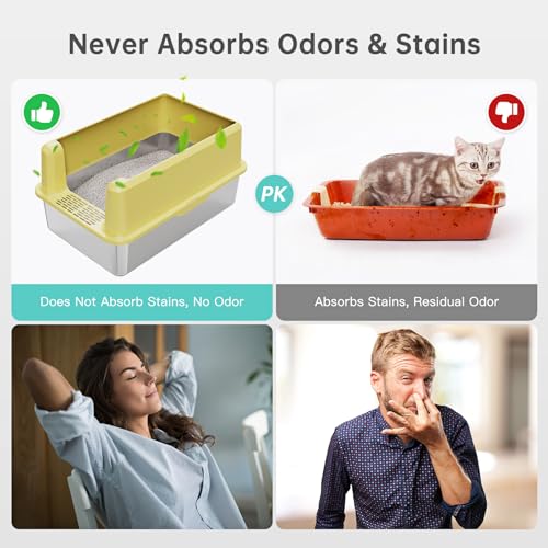 Stainless Steel Cat Litter Box, XL High Sided Open Top Litter Pan, 1 Scoop | Extra Large Litter Box for Big Cats, High Sides, Anti-Urine Leakage, Non-Stick, Odor-Free, Easy Clean, Reduce Litter Tracking - color: 21 - Yellow (Pack of 1)