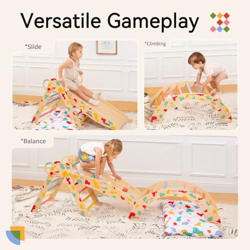 Pikler Triangle Set, Montessori 8-in-1 Climbing Set with Cushion | Wood Jungle Gym for 18M-5Y, Foldable, Reversible Animal Slide, Patent-Protected, 2.35in Gap, ASTM F963, Rainbow - color: Rainbow