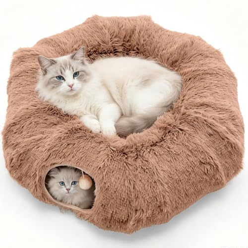 DUMOS Cat Tunnel Bed for Indoor Cats, Cave Donut Play Tunnel, Modern Brown | Soft Plush Peekaboo, Washable Circle Cushion, Multifunctional Playground Under Tree Toys for Kittens, Puppy, Rabbit, Ferret - color: Modern Brown