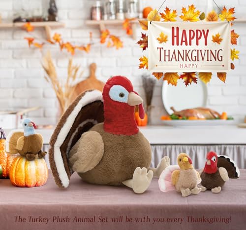 Thanksgiving Turkey Stuffed Animal with 3 Babies, 14" Fall Plush | 4Pcs Mother & Baby Turkey Plushies; Zipper Head Storage; Harvest Home Tabletop Decoration; Birthday & Christmas Gift for Kids - style: Turkey Red