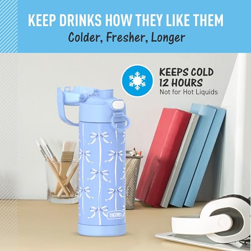 THERMOS FUNTAINER Water Bottle with Spout, 16oz, Blue Bows | Kids Stainless Steel Insulated Water Bottle, Keeps Drinks Cold Longer for School & Play, BPA-Free - color: Blue Bows, size: 16 Ounces