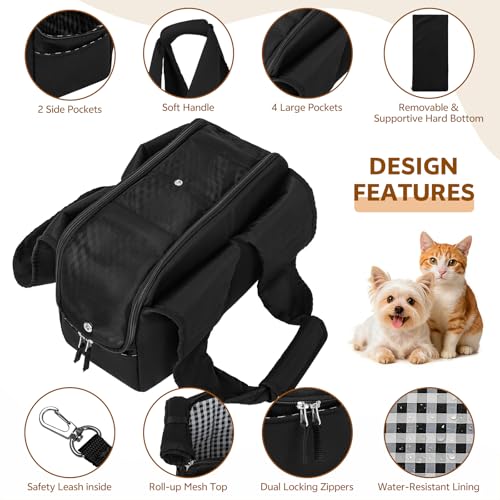 Dog Purse Carrier for Small Dogs and Cats, Soft-Sided Pet Tote Bag with 6 Large Pockets, Collapsible Travel Puppy Carrier, Fits Pets up to 16 lbs (Black, 17.5" L x 8" W x 12" H) - color: Black, size: 17.5"L x 8.0"W x 12.0"H