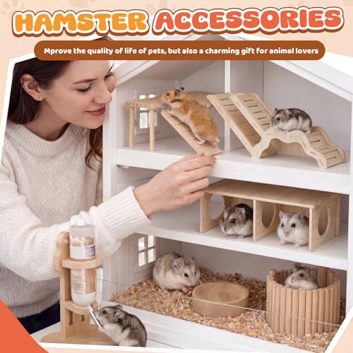 6 Pcs Hamster Cage Accessories Hamster Toys Set, Maze Climbing Ladder Wooden Bridge Tunnel Toy Platform Water Bottle Feeding Bowl Set for Rat Mice Small Animals Habitat