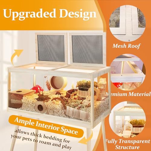 PROLEE Hamster Cage Chewproof, Mice and Rat Habitat with Transparent Sides, Hamster Cage with Openable Mesh Top, Solid Built with Lock Design and Leg Stand, 32" Long - size: 32.0"L x 16.0"W x 40.0"H