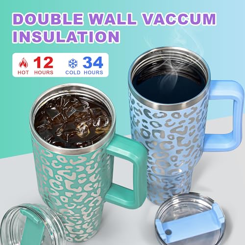 40 oz Tumbler with Handle and Straw, 100% Leak-Proof Travel Mug, Stainless Steel Double Wall Vacuum Insulated Coffee Cup Keeps Cold For 34 Hours, Dishwasher Safe, Purple Leopard - color: Purple Leopard