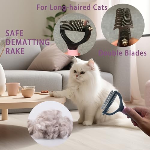 Cat Grooming Brush Kit 6 Tools - Deshedding & Dematting for Long/Short Hair, Self-Cleaning Slicker Brush with 6-in-1 Flea Comb for Cats & Kittens (Pink) - color: Pink