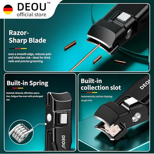DEOU Nail Clippers Set, Stainless Steel Manicure Kit for Thick Hard Ingrown Nails, Anti-Splash with Nail File, Portable Keyhole Design, Gift Box for Home Travel (Black Flat-Mouth Scissors) - color: Black Flat-mouth Scissors