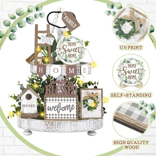 FairySandy Set of 11 Farmhouse Tiered Tray Decor Rustic Home Tiered Tray Decorations Set Wooden Signs Home This is Us Farmhouse Tabletop Wood Signs for Kitchen Table Shelf Decor - style: Greenery