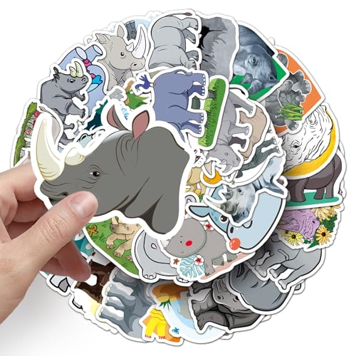 50Pcs Rhino Stickers, African Animal Waterproof Vinyl Stickers, Cute Rhinoceros Decals for Water Bottles Laptop Journal, Scrapbook, Phone, Cup, Skateboard, Helmet, Safari Party Favors for Kids Teens - color: Rhinoceros-5