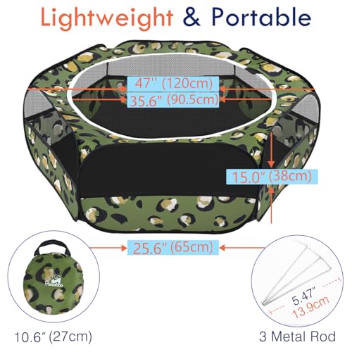 Pawaboo Small Animal Playpen with Zippered Cover, Leopard Print | Portable pop-up pet tent for supervised rabbits, guinea pigs, chicks and kittens; water-resistant bottom and 3 metal rods - color: T-Leopard Print
