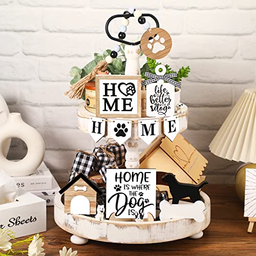 FairySandy 11 Pcs Dog Tiered Tray Decor Dog Home Rustic Farmhouse Tiered Tray Decorations Set Home Wooden Signs Vintage Farm Animal Farmhouse Tabletop Wood Signs for Kitchen Table Shelf Decor - style: Dog