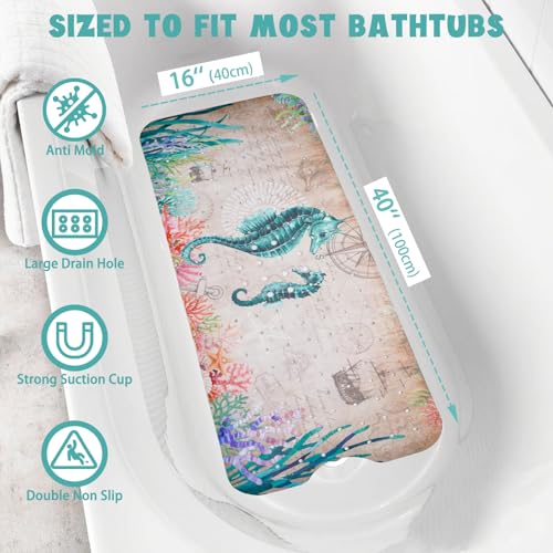 Ocean Bathtub Mat Non Slip, Cute Baby Bath Mat for Tub Rubber Tub Mat, Seahorse Coral Toddler Kids Bath Mats for Bathroom Anti Slip Shower Mat with Suction and Drain Holes Machine Washable, 40″x16″ - color: D07, size: 40" x 16" (Rectangular)