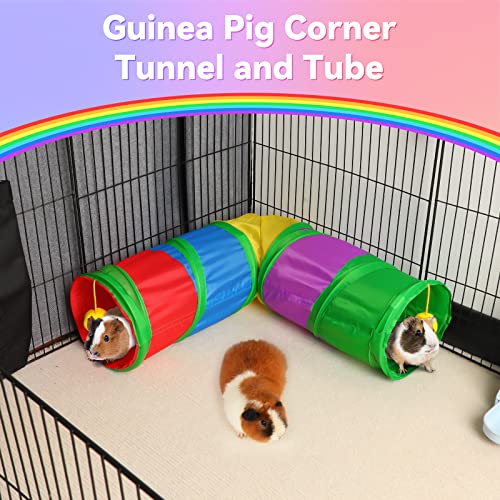 YUEPET Corner Guinea Pig Tunnel, Bunny Tunnel, Small Animal Tubes & Tunnels | Right-Angle Design, Cage Ties, Folds for Storage, Steel Frame Support, Hanging Play Balls, 5.8 in Entrance, Rainbow