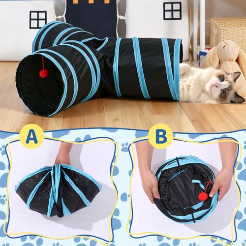 Pet Cat Tunnel, Y-3 Way Tunnels for Indoor Cats, Collapsible Pet Tunnel for Kitten, Puppy, Rabbit, 25cm-Wide Tunnels, Durable & Breathable, with Peek Hole Toy Ball - color: Y-junction Tunnel & Black/Blue