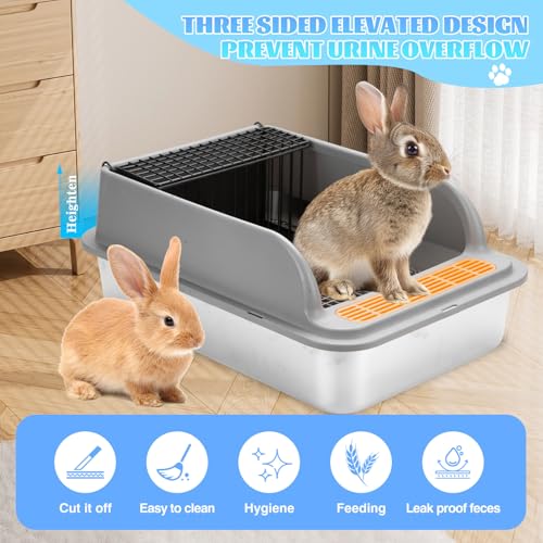 Stainless Steel Rabbit Litter Box w Hay Feeder and Litter Scoop, 19.7 x 13.8 x 7.9 Inch Large Litterboxes w Raised Grid, High Sided Kiter (X-Large) - size: X-Large