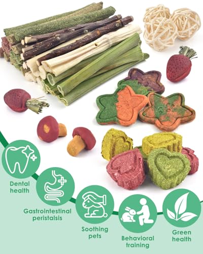 ERKOON 53 Bunny Chew Toys for Rabbits Teeth, Natural Rabbit Toys Apple Wood Sticks, Carrot, Timothy Grass for Small Pets, Hamster, Chinchilla, Guinea Pig Dental Care and Treat Teething(53) - size: 53