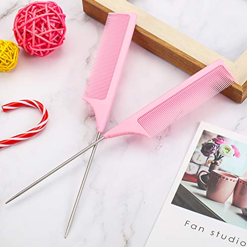 Leinuosen 3 Pack 9 Inch Rat Tail Comb with Metal Pick, Carbon Fiber,Pink | Heat Resistant Styling, Lightweight Sectioning, Fine Tooth for Precise Parting, Teasing Tool for Wigs and Women Haircare - color: Pink