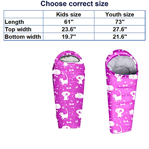 KidzAdventure Mummy Style 32 – 59F Kids Sleeping Bag with Pillow Sleeve, 4 Season, Lightweight and Backpacking Style, Ideal for Camping, Sleepover, Boys, Girls, and Youth - color: Pink kids up to 4'3"