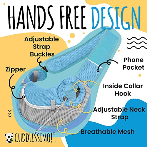 Cuddlissimo Small Dog Sling Carrier, Pet Cat Sling, Puppy Pouch - Blue-S | Teacup & toy breeds under 6 lbs, Yorkie, Chihuahua, kitten, wearable purse-style shoulder bag, hands-free chest carrying - color: Baby Blue