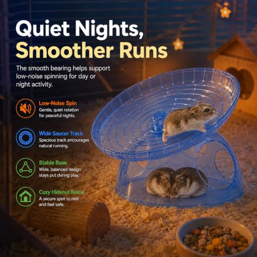 Silent Hamster Wheel with Hideout, 7.09 in Saucer Wheel for Dwarf Hamsters | 2-in-1 flying saucer wheel with hideout, quiet spin, wide track, clear body, stable base, easy-clean surface - color: Blue