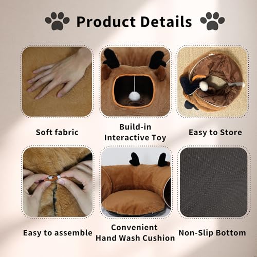 Cat Tunnel Bed for Indoor Cats with Washable Cushion Cat Cave Donut Tunnel with Fluffy Ball Big Round Tube Pet Playground Toys Soft Plush Peekaboo for Kitten, Cat, Puppy, Rabbit, Ferret（Deer） - color: Deer