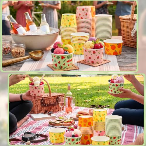 Jingmore 100 Pcs Ice Cream Paper Cups Bulk 8 oz Disposable Dessert Bowls for Hot or Cold Food Snack Treats Gift for Birthday Summer Party Favor Decoration(Summer Fruit) - style: Summer Fruit