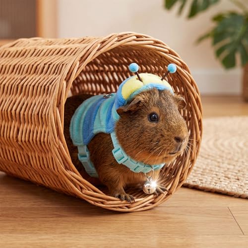 Adjustable Caterpillar Premium Plush Harness&Leaf Set – Soft Restriction-Free Vest for Ferrets,Guinea Pigs, Lizards, Rabbits,Squirrel, Kittens,Teacup Chihuahuas, Puppies|Safety Bell(Caterpillar-Blue) - color: Caterpillar-Blue