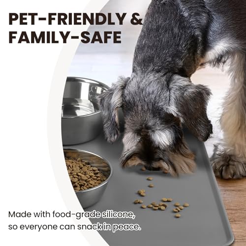 VIVAGLORY Pet Food Mat Flexmat Dog Bowl Mat, S, Grey | Non Slip Silicone for Pet Kitten & Doggy, Placemat with Lip for Floor - color: Grey, size: S (18.9 x 11.8in)