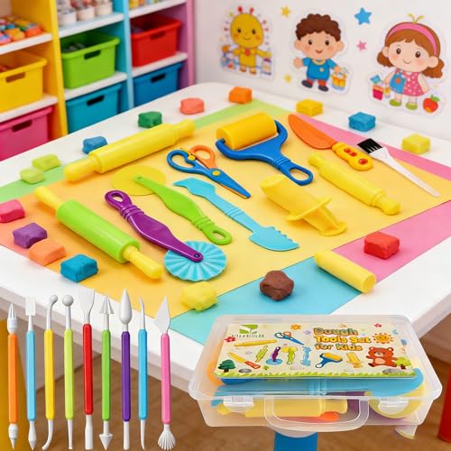 Kleeblatt Dough Tools Set for Kids - 19 Pcs Playdough Kit | 9 Basic Dough Tools, 9 Double-Headed Clay Carving Tools, 1 Cleaning Brush, Exquisite Box - color: KT-DoughTools-1